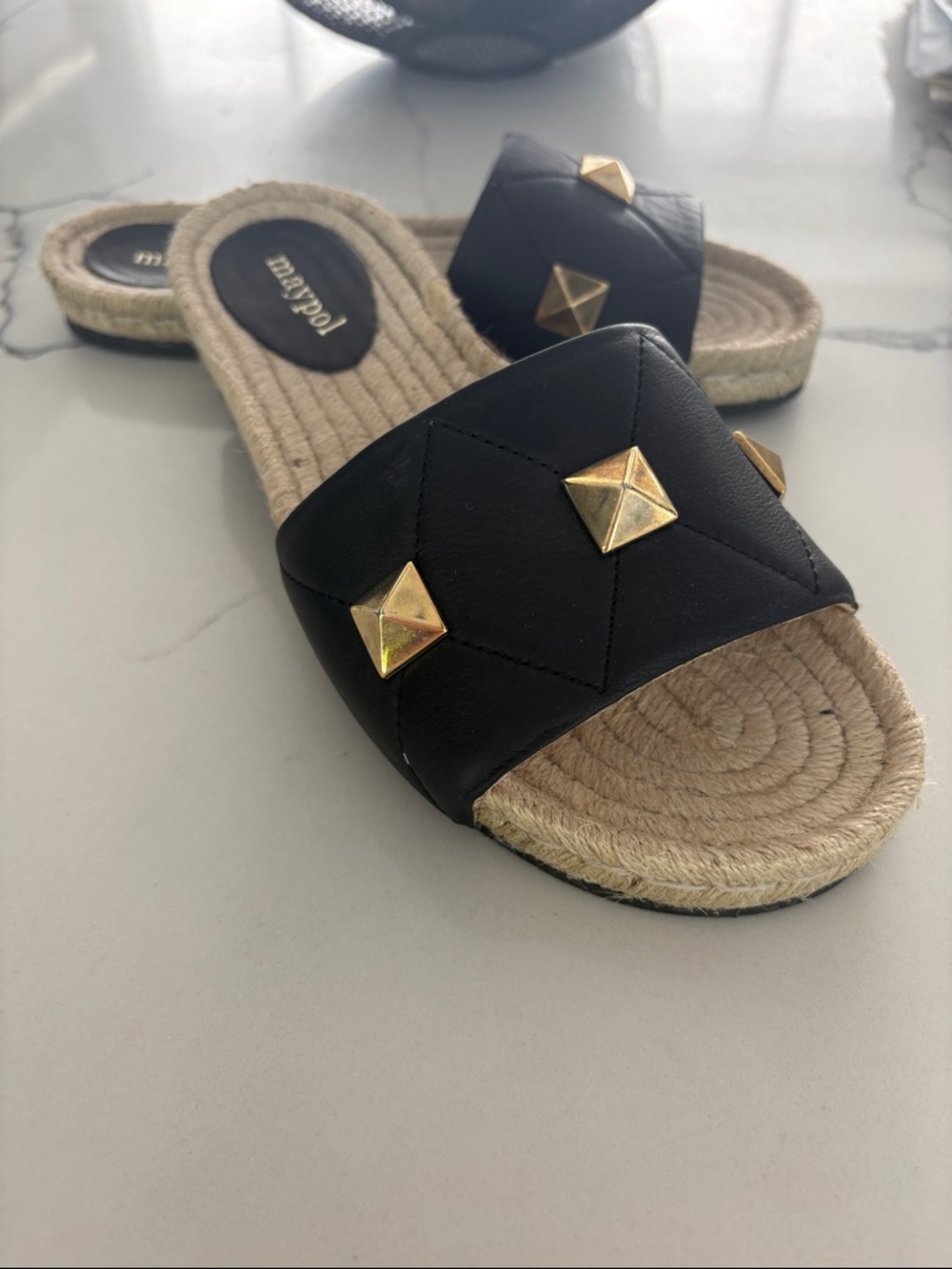 Maypol Black Slide Sandals with Gold Stud Accents. Valentino-ish. New. - Picture 2 of 7
